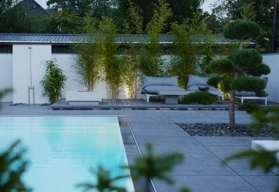 Swimmingpool i minimalistisk have med bambus og skulpturelle traer